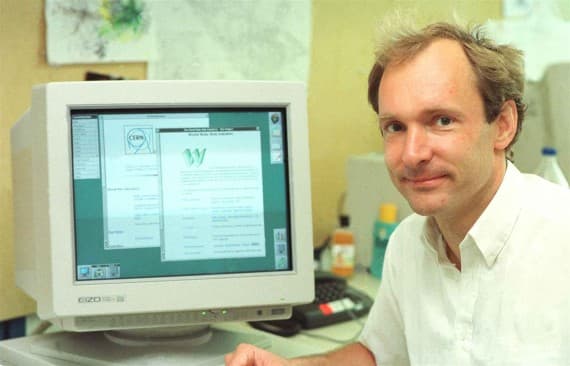 Tim Berners Lee with a computer